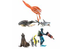 Фигурки игрушки серии Мир морских животных. Акула, кит, мавританский идол, морской лев, кальмар, дайвер (набор из 5 фигурок животных и 1 человека)